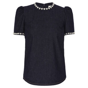 Jewel-Embellished Short Sleeve Denim Top