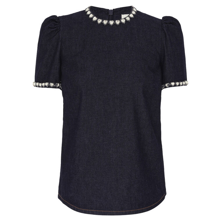 Jewel-Embellished Short Sleeve Denim Top image number null