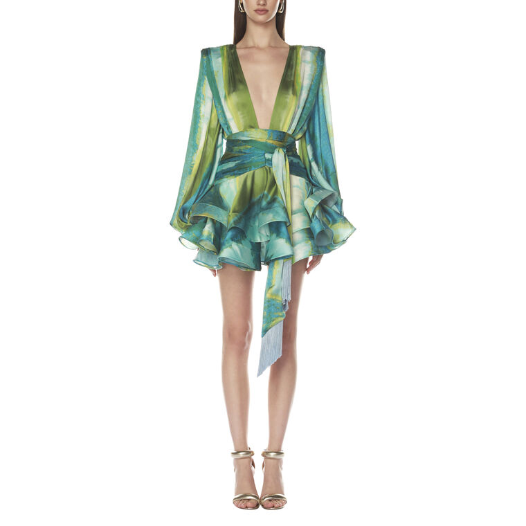 Bedouin Coastal Abstract Silk-Blend Tie-Waist Minidress image number null