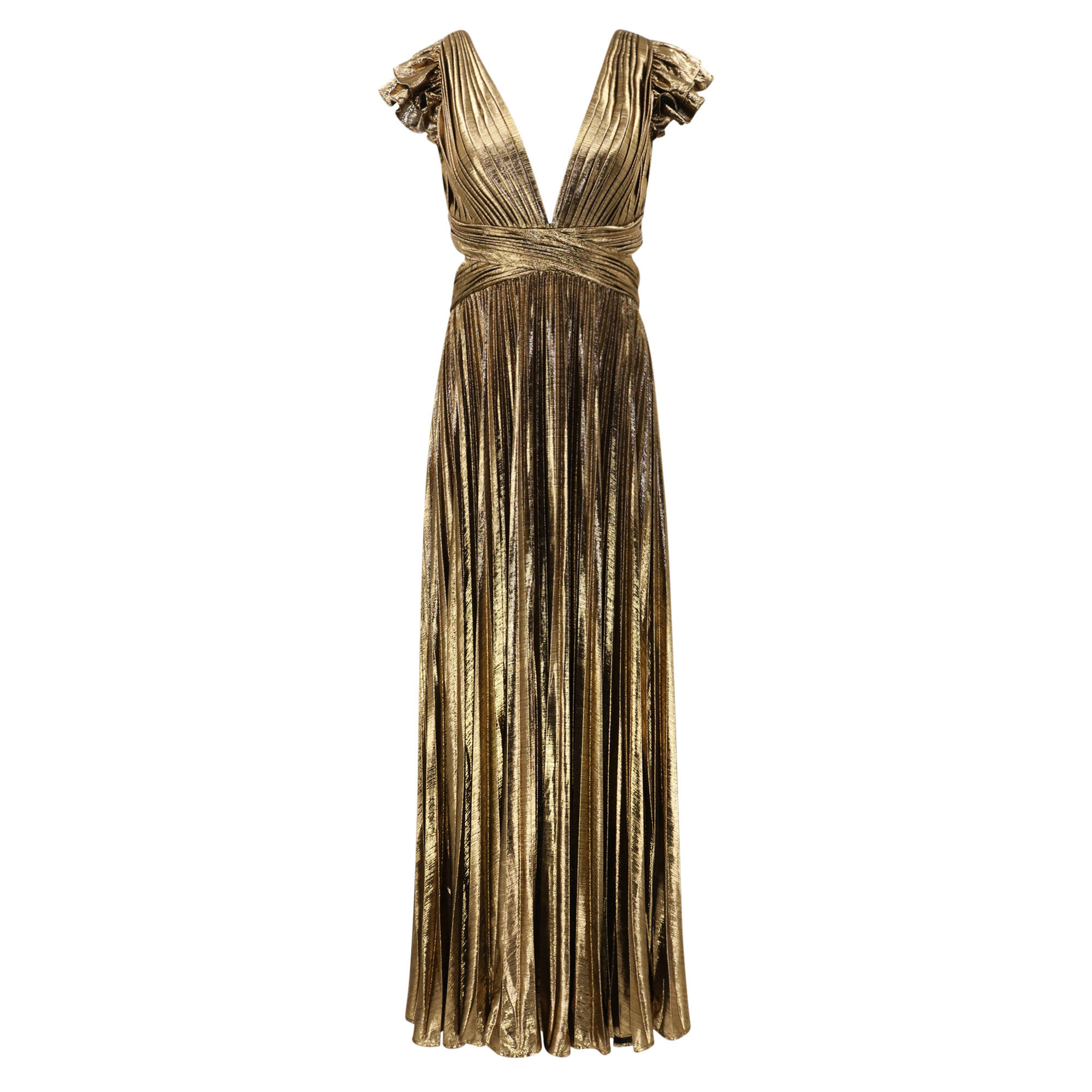 Ruffle Sleeve Cutout Pleated Metallic Gown