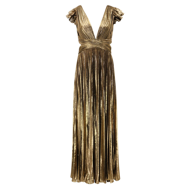 Ruffle Sleeve Cutout Pleated Metallic Gown image number null
