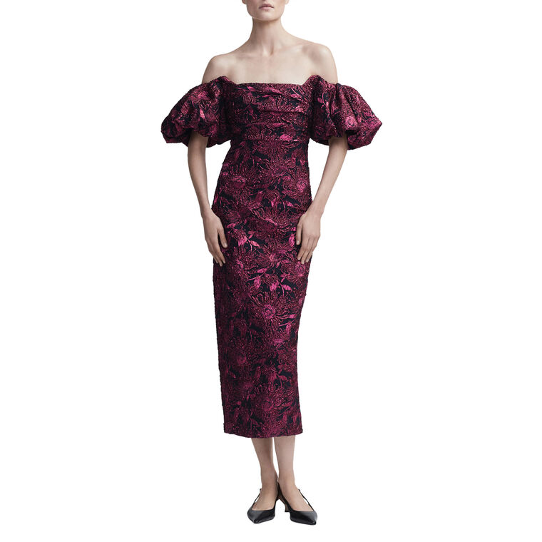 Sunflower Jacquard Puff Sleeve Sheath Dress image number null