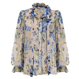 Josie Metallic Floral Ruffle Button-Up Shirt