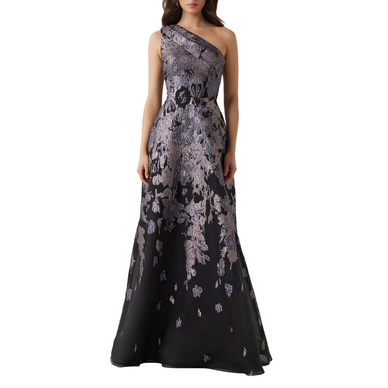 Floral Metallic Jacquard Pleated One Shoulder Gown image number null