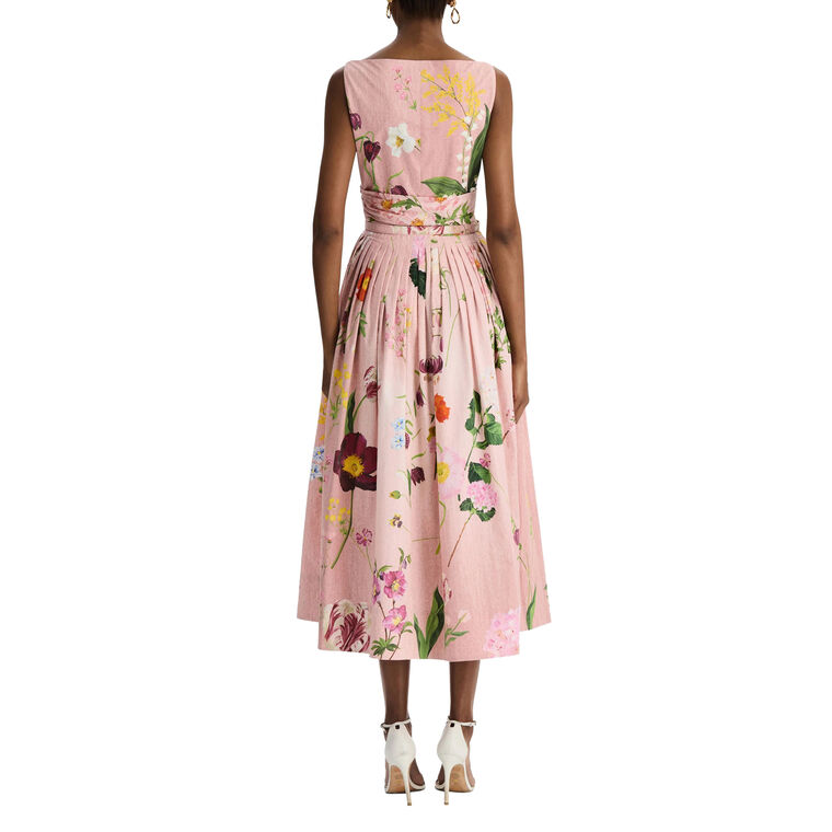 Sleeveless Belted Mixed Botanical Cotton Poplin Draped Midi Dress image number null