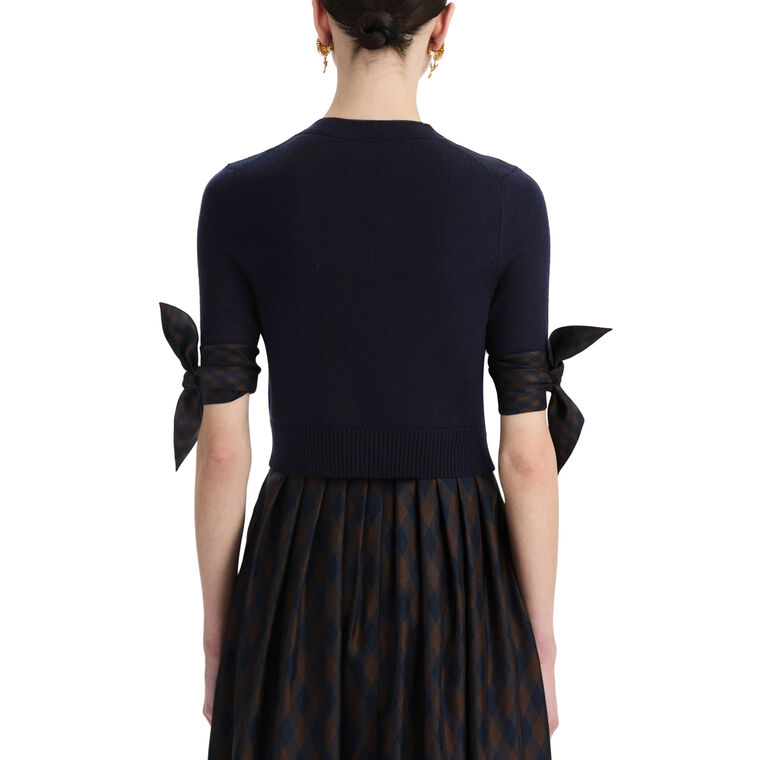 Short Sleeve Argyle Tie-Detailed Knit Cardigan image number null