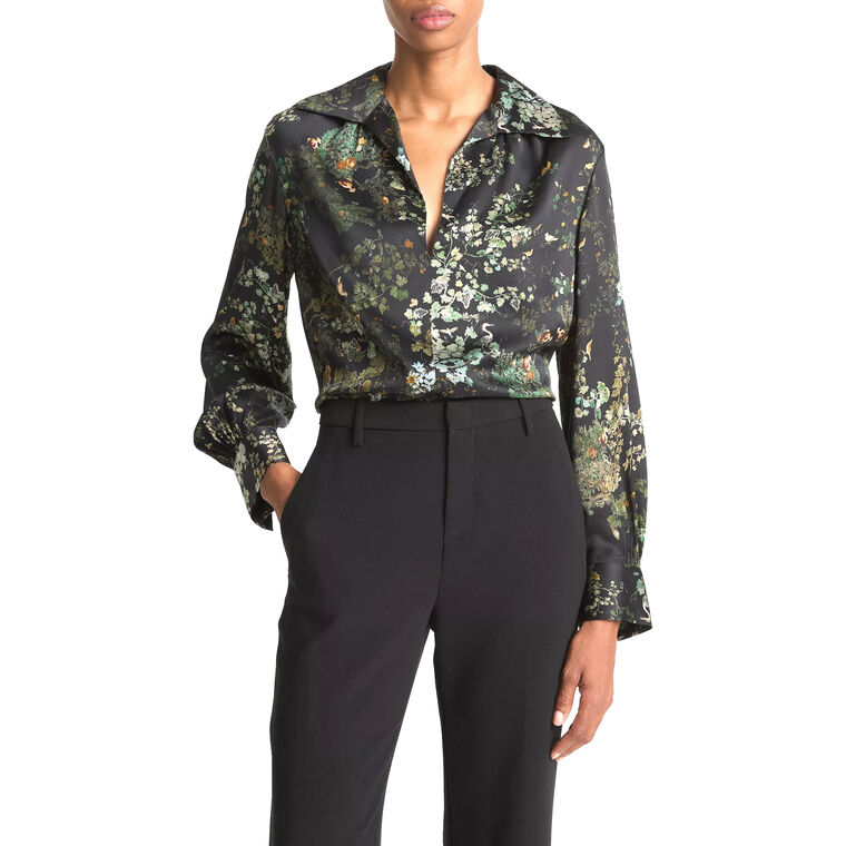 Smocked Grape Vine Silk Long-Sleeve Blouse image number null