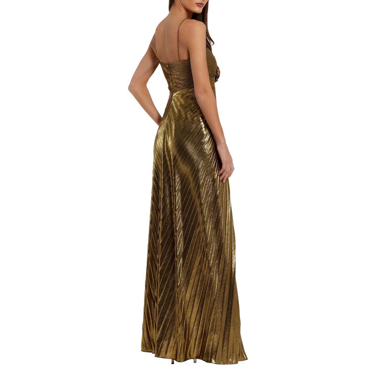Sleeveless Metallic Pleated Gown With 3D Flower image number null