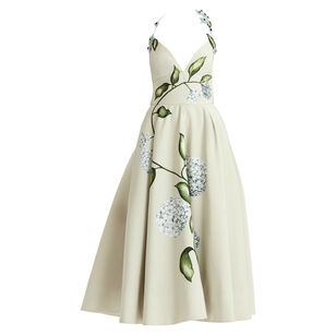 Halter Neck Porcelain Flowers Faille Cocktail Midi Dress