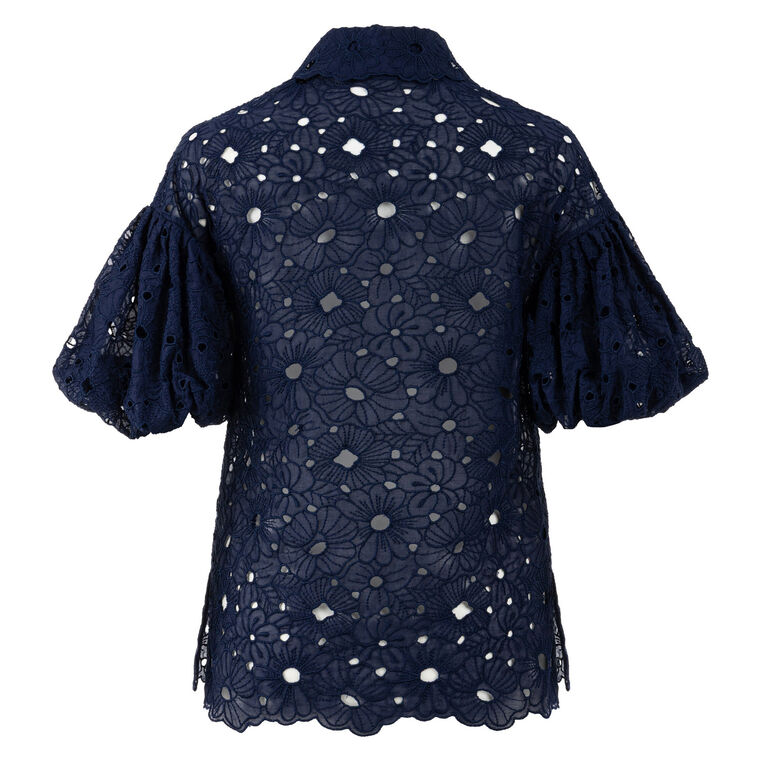Embroidered Cotton Puff Sleeve Button Down Blouse image number null