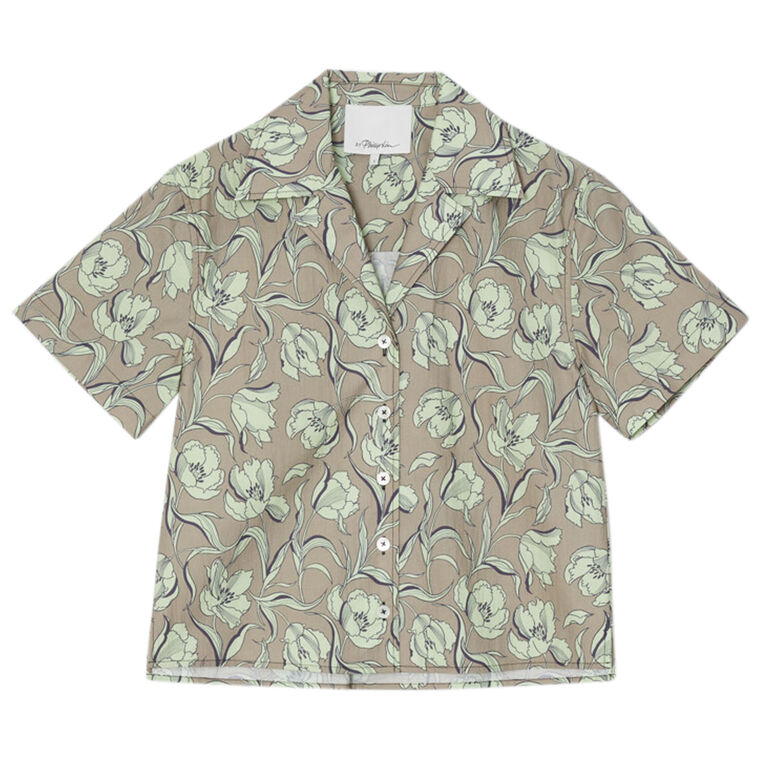 Short Sleeve Floral Pleated Camp Shirt image number null