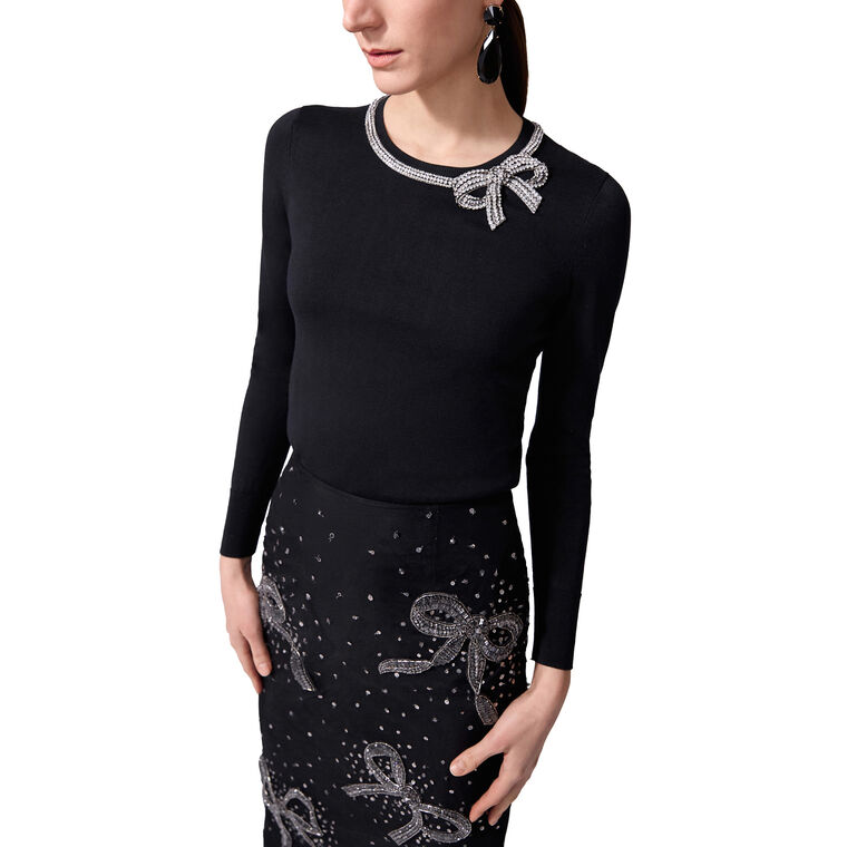 Crystal-Embroidered Long Sleeve Crew Neck Sweater image number null