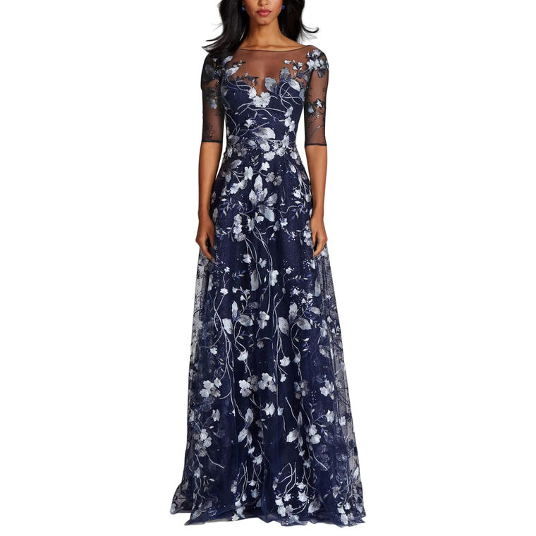 Embroidered Lace Illusion Gown With Elbow Sleeves image number null