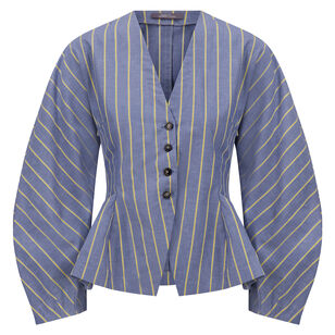 Striped Heathered Barrel-Sleeve Cotton V-Neck Top