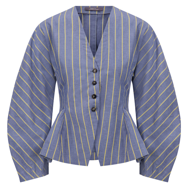 Striped Heathered Barrel-Sleeve Cotton V-Neck Top image number null