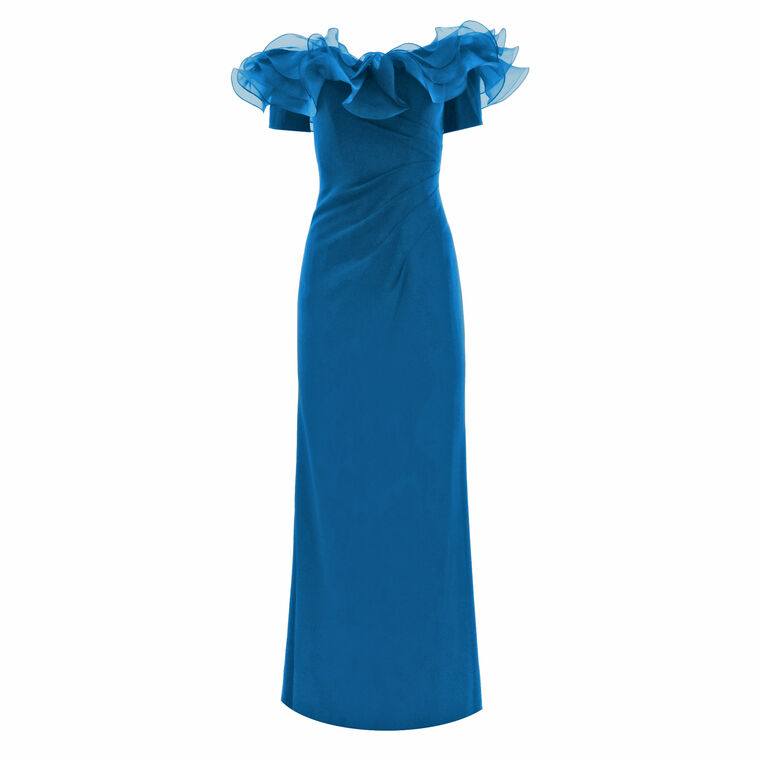 Ruffled Off Shoulder Crepe Gown image number null