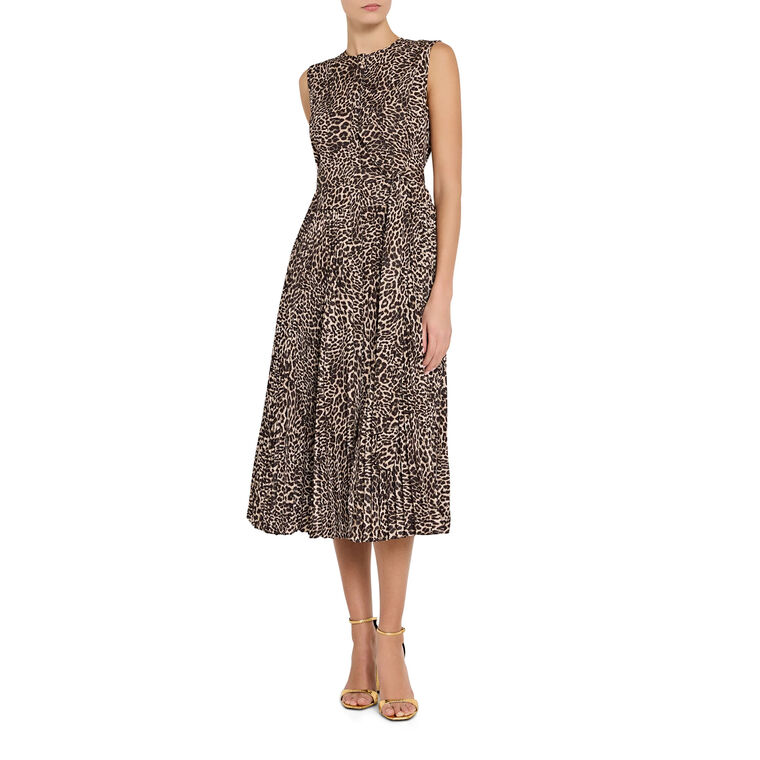 Stella Sleeveless Leopard Print Pleated Midi Dress image number null