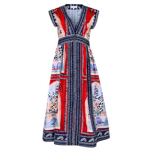 April Zipper Front Printed Short Sleeve Midi Dress