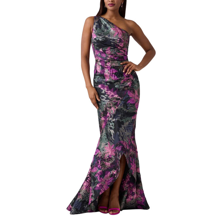 Floral Jacquard One Shoulder Evening Gown image number null