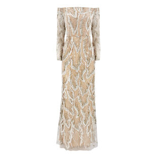 Off-The-Shoulder Embroidered Tulle Long Sleeve Maxi Dress