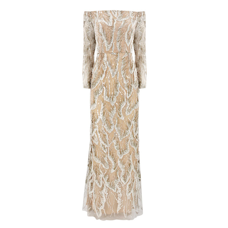 Off-The-Shoulder Embroidered Tulle Long Sleeve Maxi Dress image number null