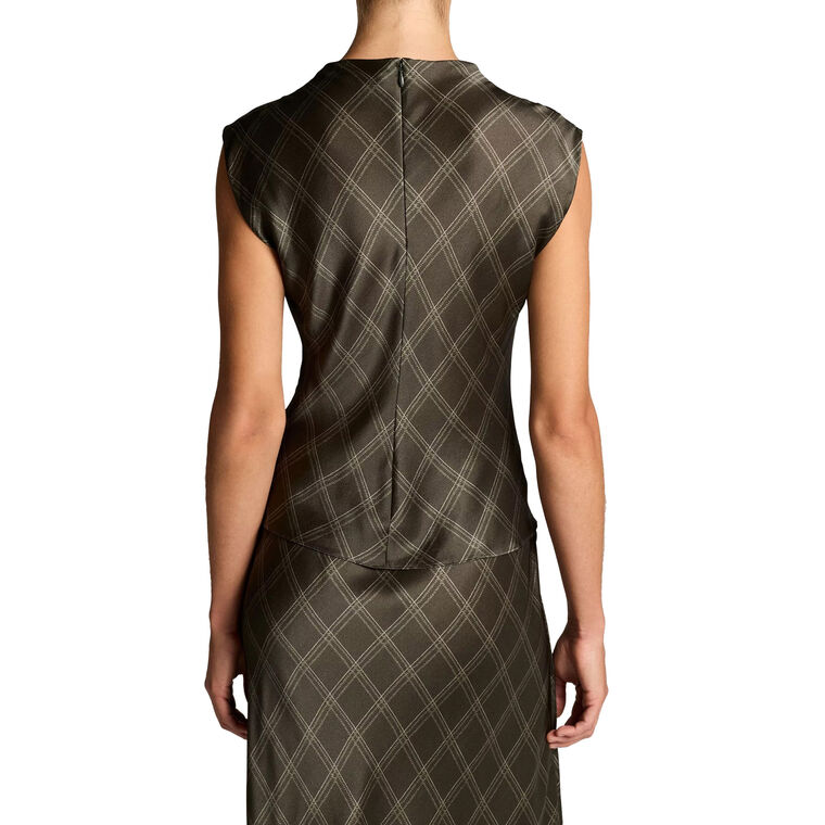 Diamond Plaid Silk Draped Cowl-Neck Top image number null