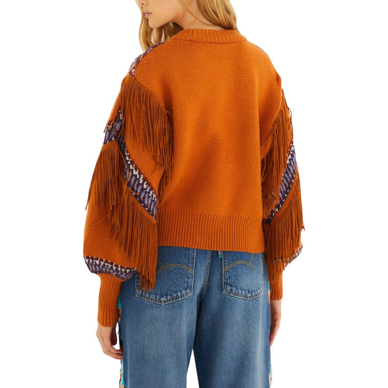 Arabesque Scarf Fringe Cuffed Knit Sweater image number null
