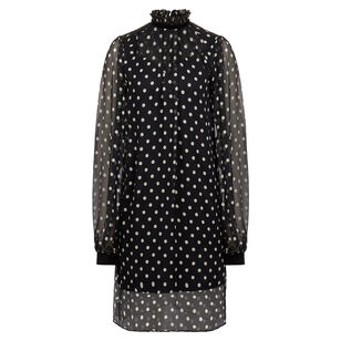 Ruffled High Neck Polka-Dot Silk Midi Dress