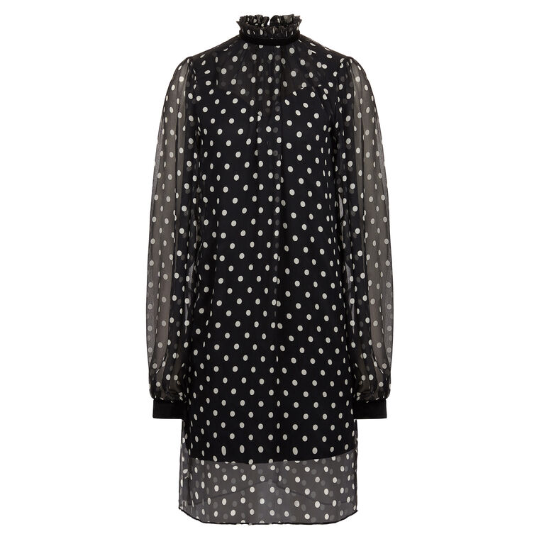 Ruffled High Neck Polka-Dot Silk Midi Dress image number null