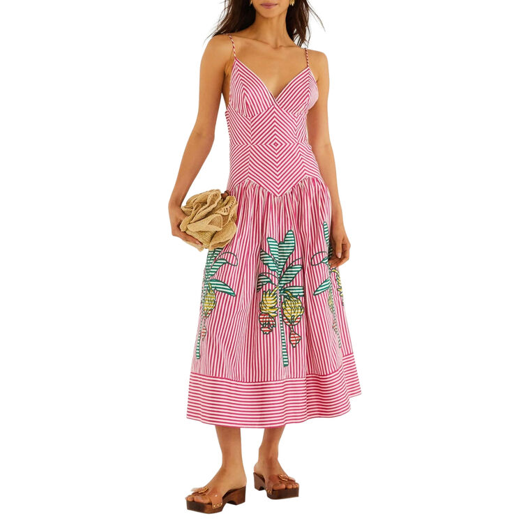 Sleeveless Palm Tree Stripes Cutwork Midi Dress image number null