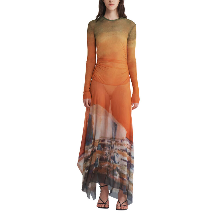 Printed Mesh Handkerchief Hem Midi Dress image number null