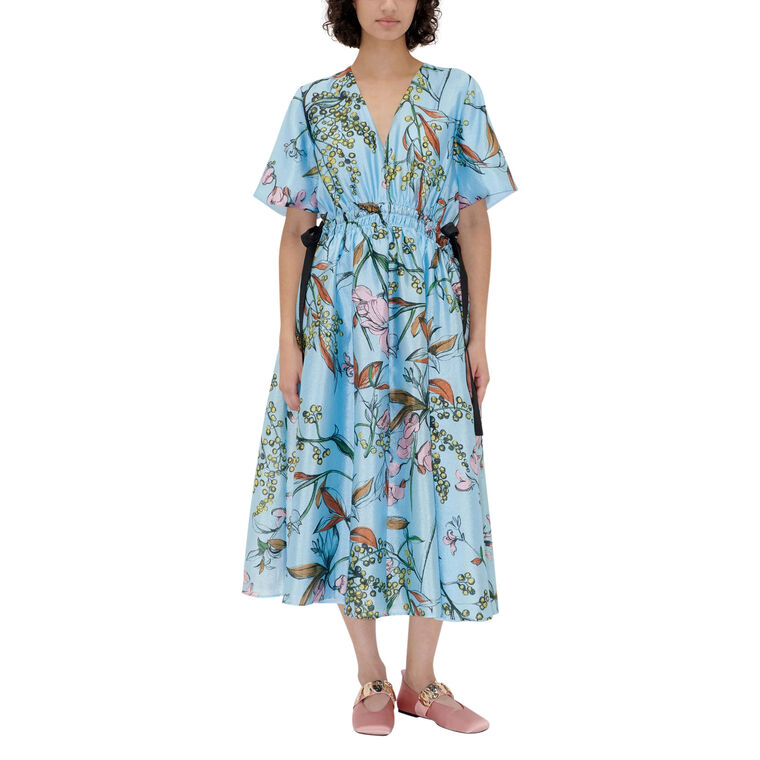 V-Neck Waist Tie Short Sleeve A-Line Midi Dress image number null