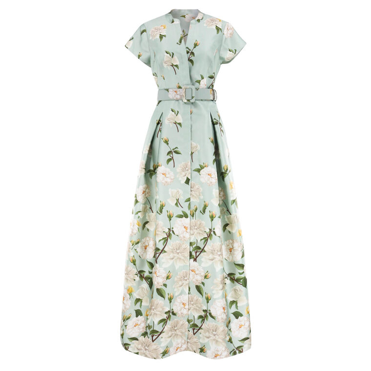 Marta Short Sleeve Belted Floral Gown image number null