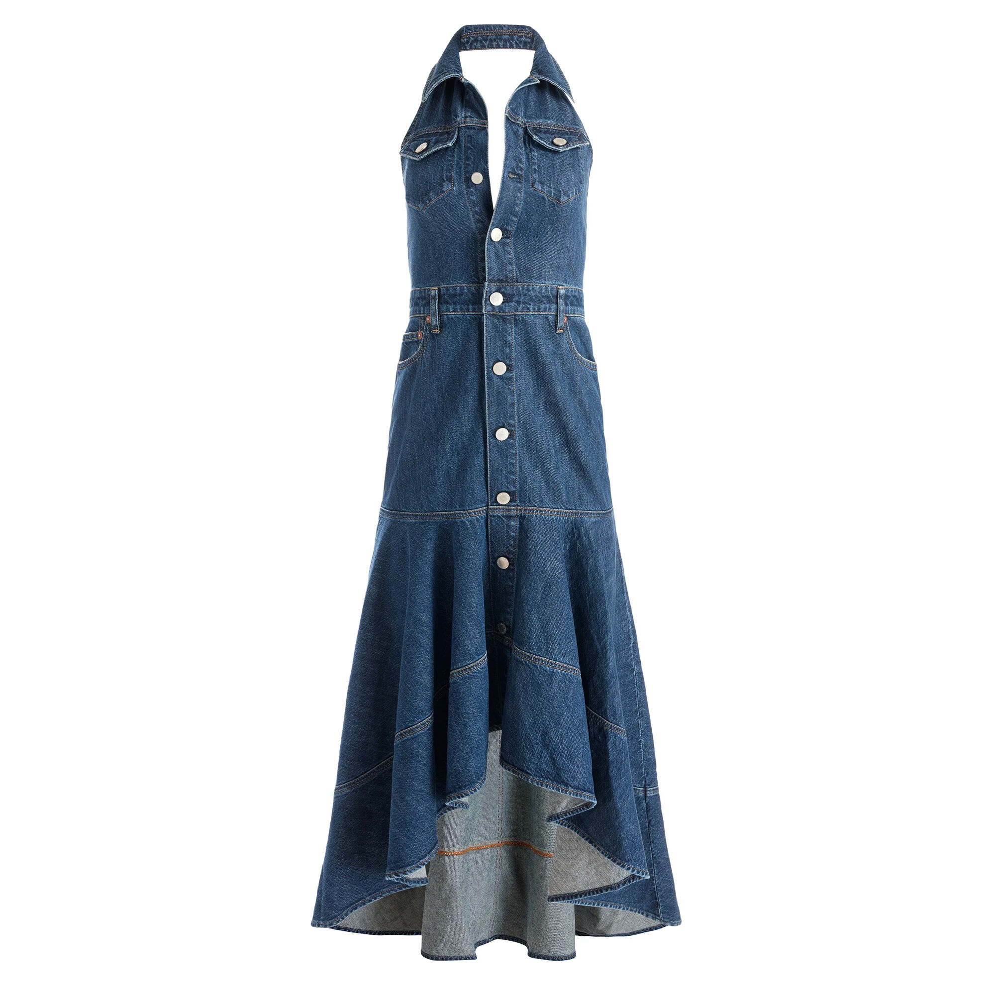 Alice + Olivia Juana Halter Neck High Low Denim Dress | Tootsies