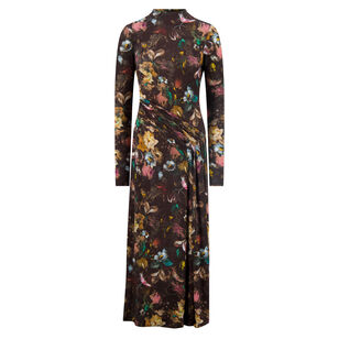 Floral Printed Jersey Long Sleeve Draped Front Dress
