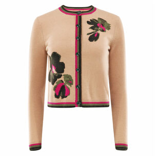 Knit Floral Striped Trim Long Sleeve Cardigan