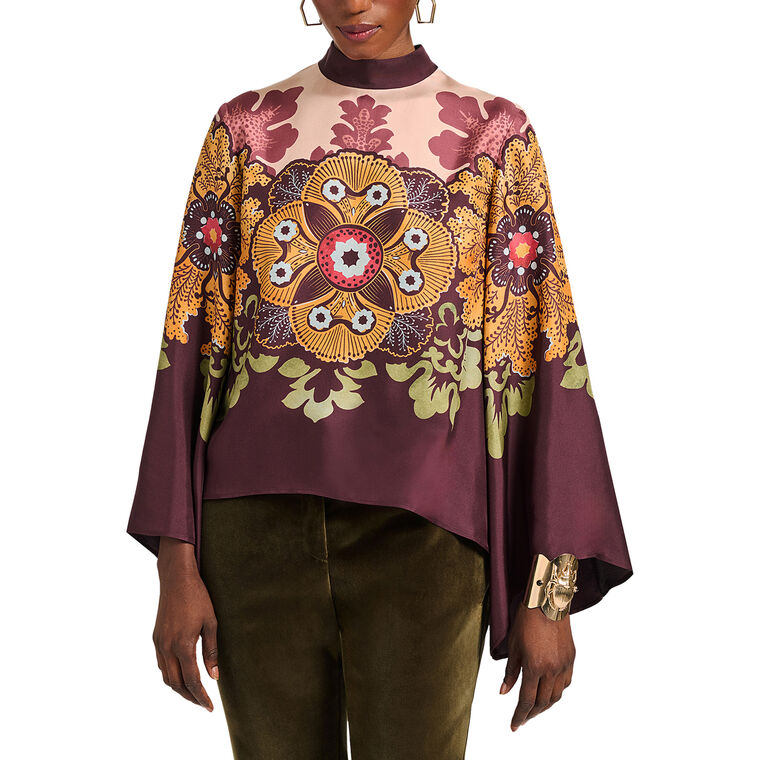 Make An Exit Bell-Sleeve High Neck Silk Top image number null