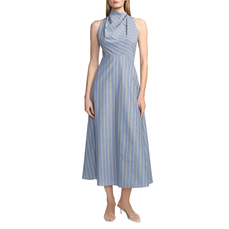 Striped Heathered Cotton Draped Halter Midi Dress image number null