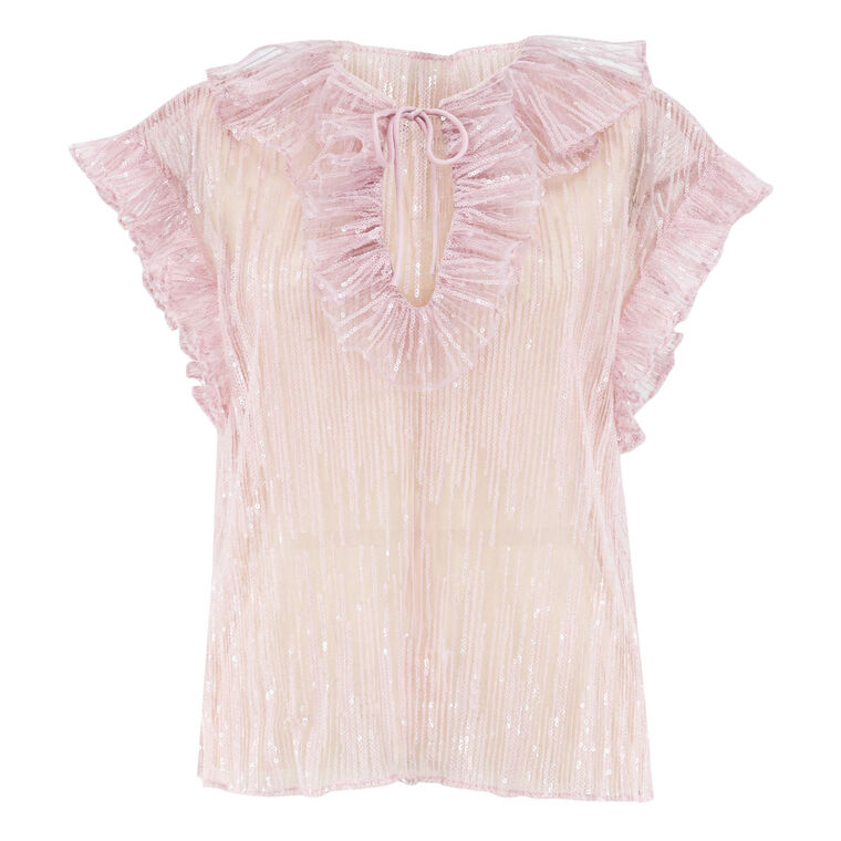 Este Short Sleeve Sequined Ruffle Tulle Top image number null