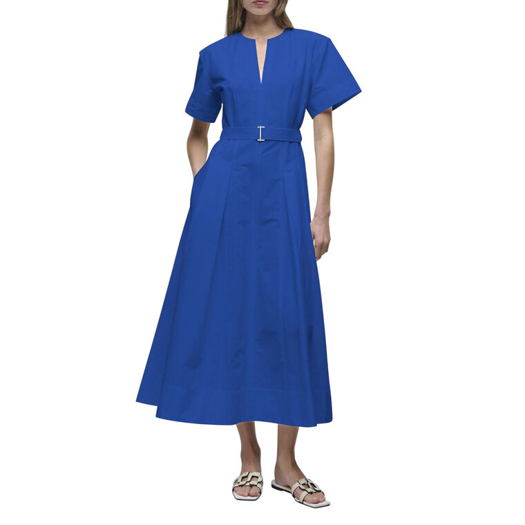 Corinne Short Sleeve Belted Cotton Pleated Midi Dress image number null