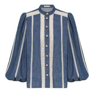 Awaken Lace Contrast Denim Button-Down Shirt