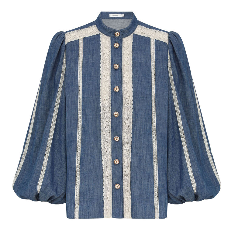 Awaken Lace Contrast Denim Button-Down Shirt image number null