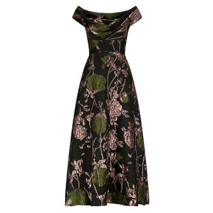 Floral Fil Coupe Off-The-Shoulder Draped Midi Dress