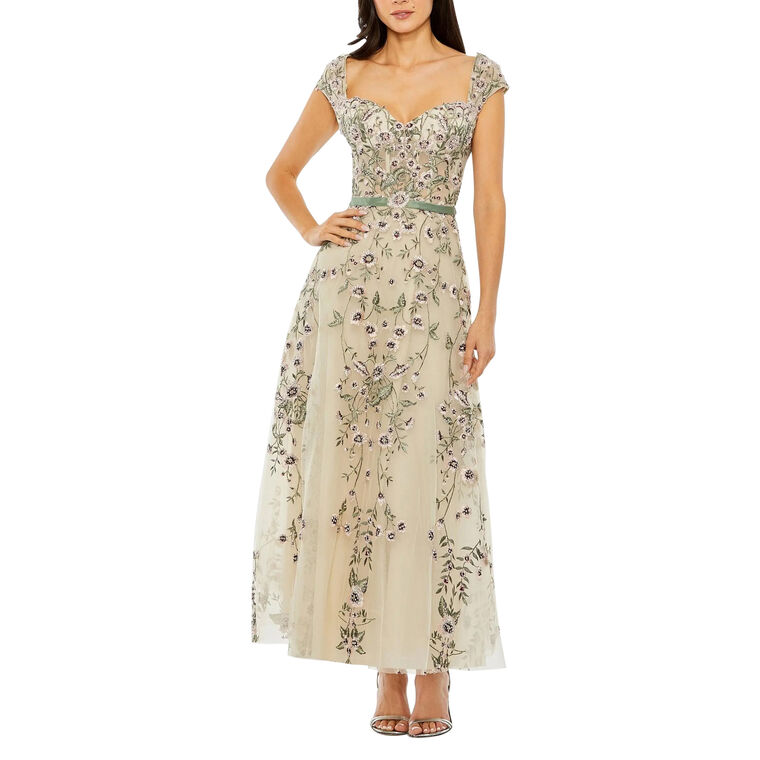 Short Sleeve Ivory Floral Emboidered Sweetheart Neckline Tulle Midi Dress image number null