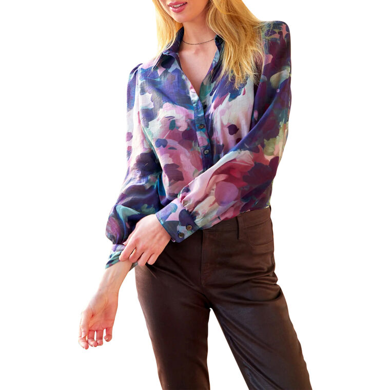 Collette Long Sleeve Watercolor Print Blouse image number null