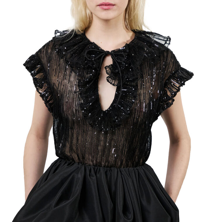 Este Short Sleeve Sequined Ruffle Tulle Top image number null
