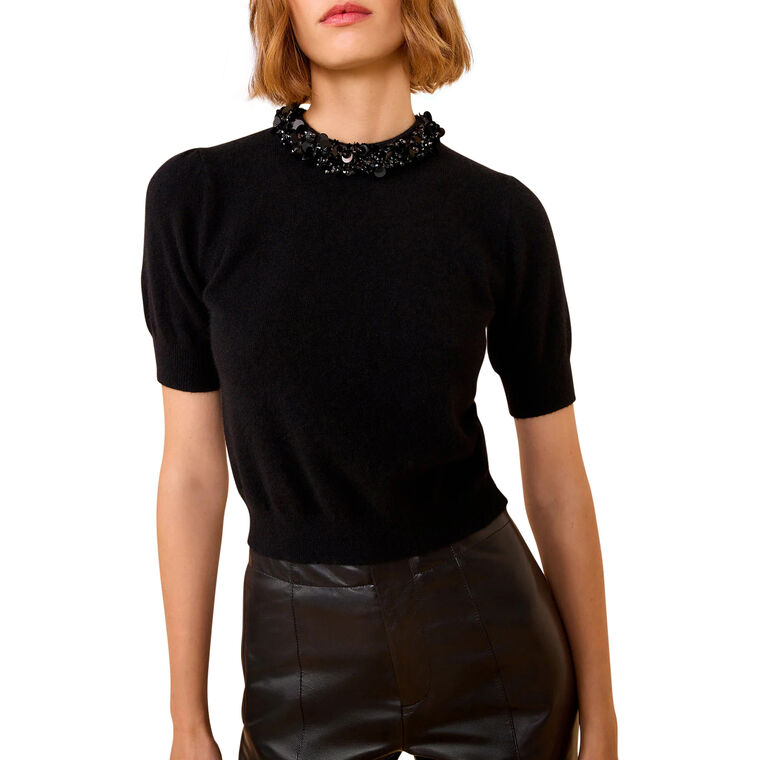 Liv Embroidered Cashmere Short Sleeve Knit Sweater image number null