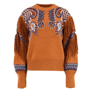 Arabesque Scarf Fringe Cuffed Knit Sweater