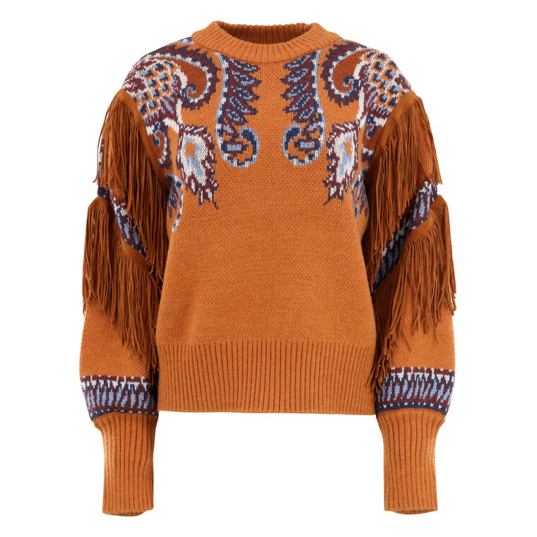 Arabesque Scarf Fringe Cuffed Knit Sweater image number null