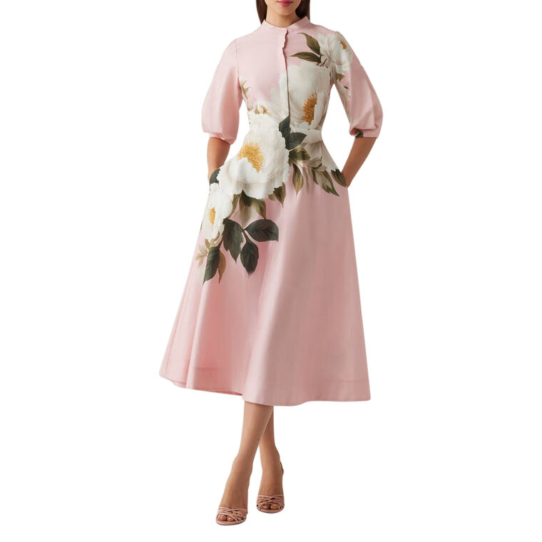 Cotton Flower Print Mandarin Neck Puff Sleeve Full Skirt Dress image number null